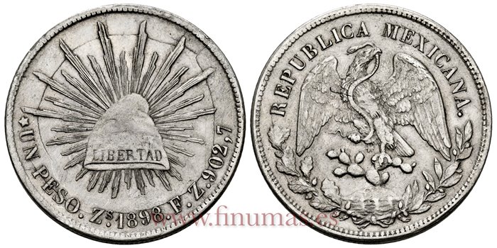 MEXICO - K409-3 - 1 PESO 1898 Zacatecas F.Z.-MBC+