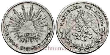 MEXICO - K409-3 - 1 PESO 1898 Zacatecas F.Z.-MBC+