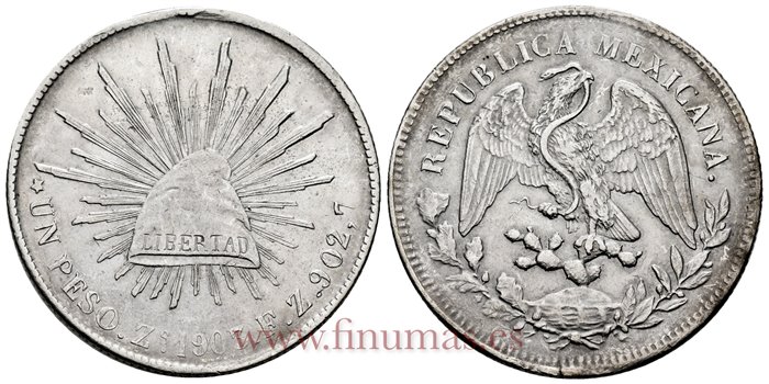 MEXICO - K409-3 - 1 PESO 1903 Zacatecas F.Z.-MBC+