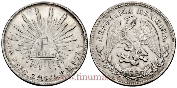 MEXICO - K409-3 - 1 PESO 1905 Zacatecas F.Z.-MBC+