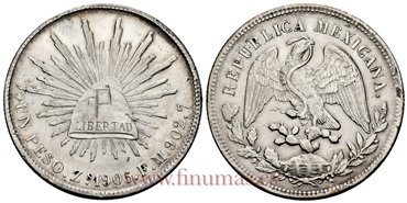 MEXICO - K409-3 - 1 PESO 1905 Zacatecas F.Z.-MBC+