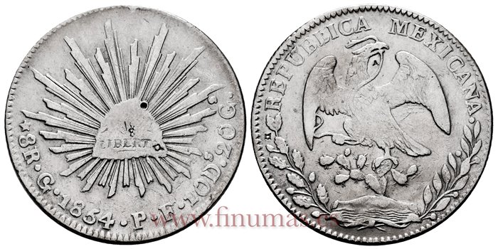 MEXICO - K377-8 - 8 REALES 1854 Guanajuato P.F.-MBC