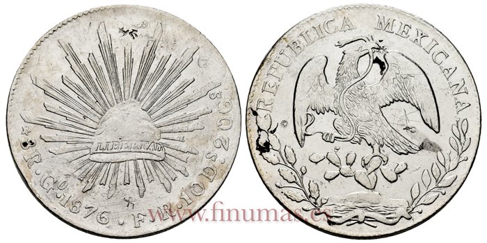 MEXICO - K377-8 - 8 REALES 1876 Guanajuato F.R.-MBC+