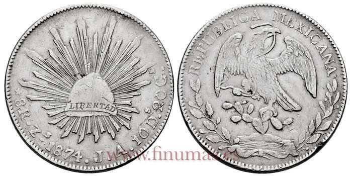 MEXICO - K377-13 - 8 REALES 1874 Zacatecas J.A.-MBC
