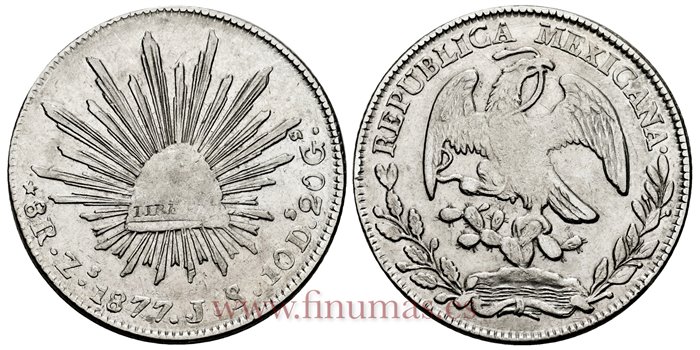 MEXICO - K377-13 - 8 REALES 1877 Zacatecas J.S.-MBC+