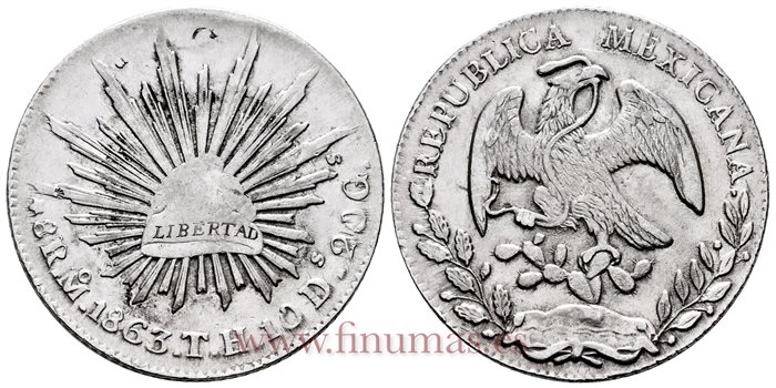 MEXICO - K377-10 - 8 REALES 1863 Mexico T.H.-EBC-