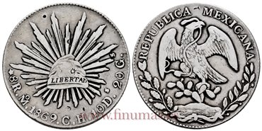MEXICO - K377-10 - 8 REALES 1869 Mexico C.H.-MBC