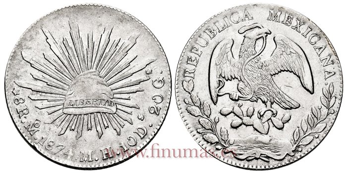 MEXICO - K377-10 - 8 REALES 1874 Mexico M.H.-EBC