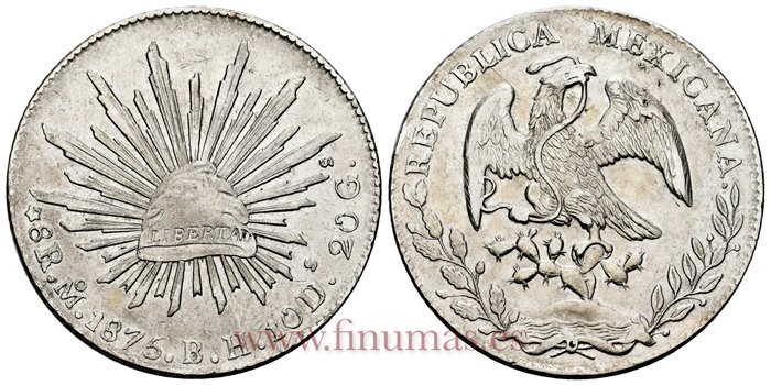 MEXICO - K377-10 - 8 REALES 1875 Mexico B.H.-EBC+
