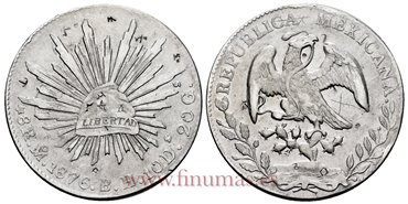 MEXICO - K377-10 - 8 REALES 1876 Mexico B.H.-MBC+