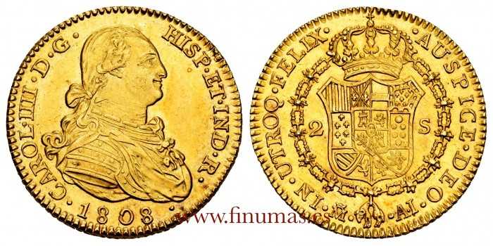Cy13455.- CARLOS IV - 2 SHIELDS 1808 MADRID A.I. S.C.- GOLD