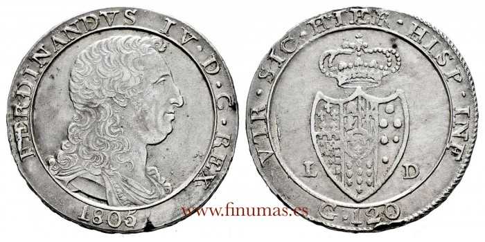 ITALIA - NAPOLES Y SICILIA - Fernando IV  K-099.1 - 120 GRANA 1805 MBC+ Plata