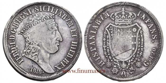 ITALIA - NAPOLES - FERNANDO III - K-285 - 120 GRANA 1818. MBC-. Plata