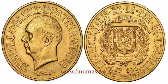 Republica Dominicana - K-024.- 30 Pesos 1955 TRUJILLO- SC-. ORO