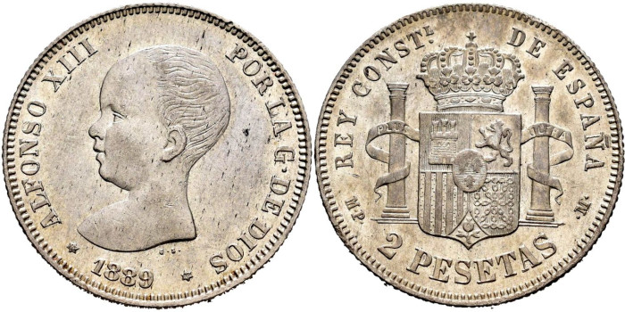 Cy16688.-ALFONSO XIII 2 Pesetas 1889(18-89) M.P.M.- EBC+