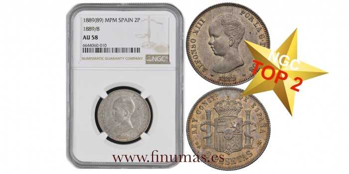 Cy16688.-ALFONSO XIII 2 Pesetas 1889(18-89) M.P.M.- NGC AU58. TOP.2