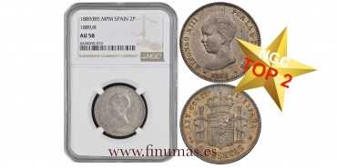 Cy16688.-ALFONSO XIII 2 Pesetas 1889(18-89) M.P.M.- NGC AU58. TOP.2