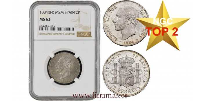 Cy16579.-ALFONSO XII 2 Peseta 1884(18-84)- M.S M.- NGC MS63