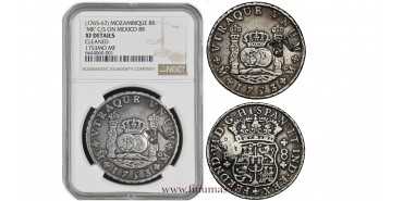 Cy09854M.- FERNANDO VI / MOZAMBIQUE. Countermark MR (1765) on 8 R. Columnar 1753 Mexico M.F. NGC XF