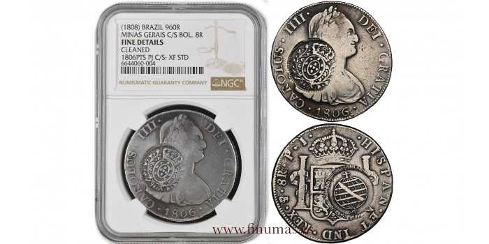 Cy13145B.-CARLOS IV / BRASIL. Contramarca Minas Gerais sobre 8 R. 1806 Potosí. NGC F