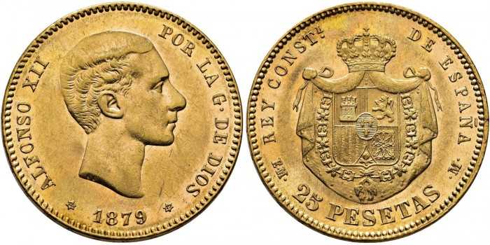 ALFONSO XII - 25 Pesetas gold 1879 (18-79) EMM.  EBC