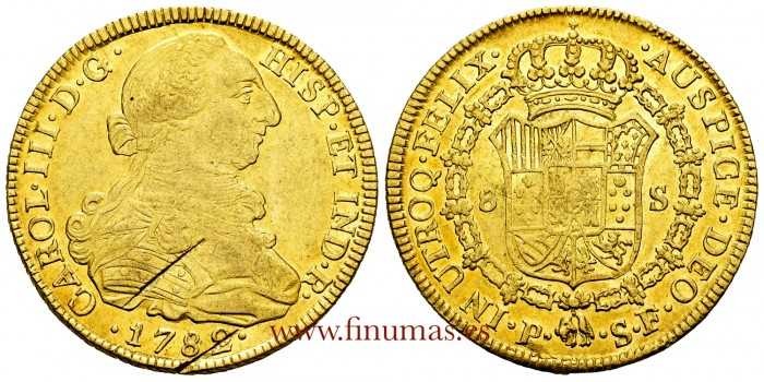 Cy12134.- CARLOS III - 8 Escudos 1782 POPAYAN S.F.- Gold