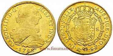 Cy12134.- CARLOS III - 8 Escudos 1782 POPAYAN S.F.- Gold