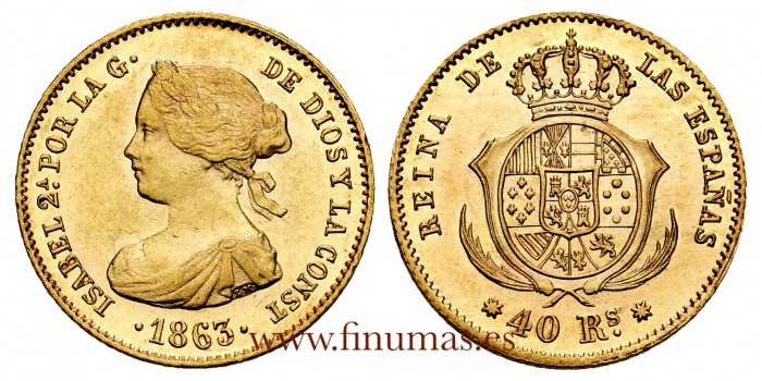 Cy16359H.- ISABEL II 40 REALES 1863 BARCELONA. S.C - B.O.