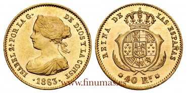 Cy16359H.- ISABEL II 40 REALES 1863 BARCELONA. S.C - B.O.