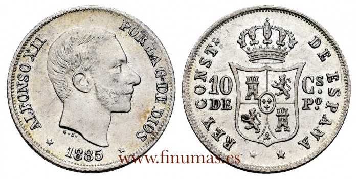 Cy16623K.-ALFONSO XII -  10 Centavos de peso 1885 Manila SC. Brillo original  - PLATA