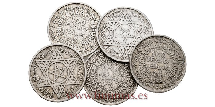 MARRUECOS - K-052L - LOTE 5 X 100 Francos 1953. PLATA -  MBC