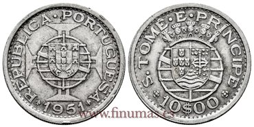 SANTO TOME Y PRINCIPE - K-014.-  10 Escudos 1951. PLATA - MBC