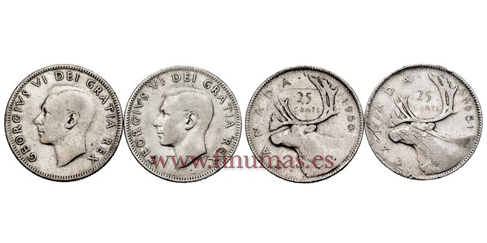 CANADA - K-044L -LOTE 2 X  25 Centavos 1950 y 51. PLATA - MBC
