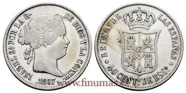 Cy16173.- ISABEL II 40 Ctm.Escudo 1867 Madrid. PLATA - MBC