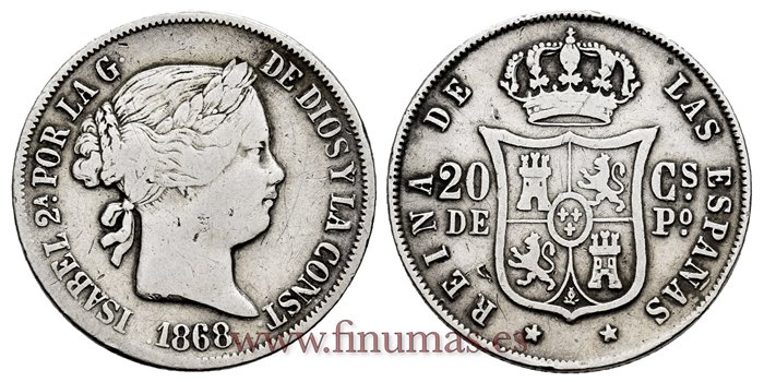 Cy16175.- ISABEL II 20 Ctm. Peso 1868 Manila. PLATA - MBC