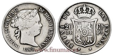Cy16175.- ISABEL II 20 Ctm. Peso 1868 Manila. PLATA - MBC