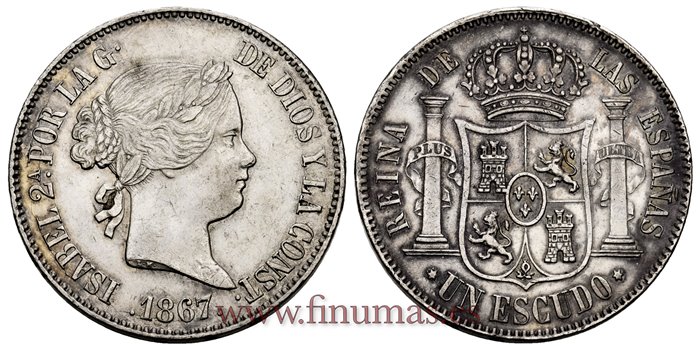 Cy16242.- ISABEL II 1 Escudo 1867 Madrid. PLATA - EBC-