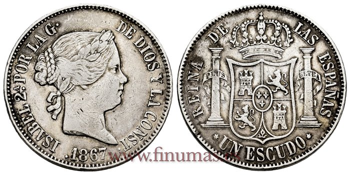 Cy16242.2.- ISABEL II 1 Escudo 1867 Madrid. PLATA - MBC