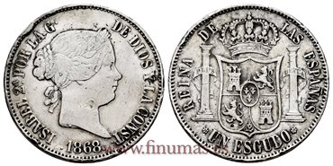 Cy16244.- ISABEL II 1 Escudo 1868 (18-68) Madrid. PLATA - BC