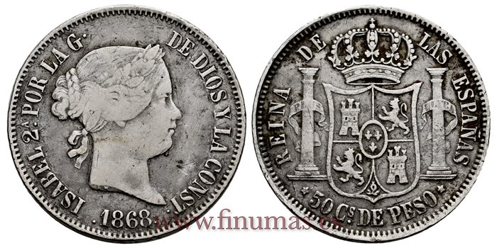 Cy16246.- ISABEL II 50 Ctm. Peso 1868 Manila. PLATA - BC+