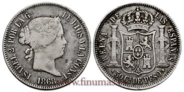 Cy16246.- ISABEL II 50 Ctm. Peso 1868 Manila. PLATA - BC+