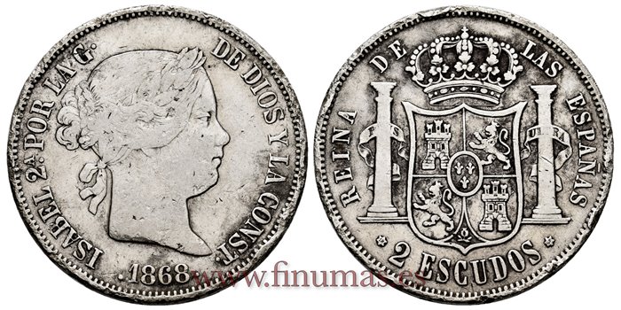 Cy16333.- ISABEL II 2 Escudo 1868 (18-68) Madrid. PLATA - RC