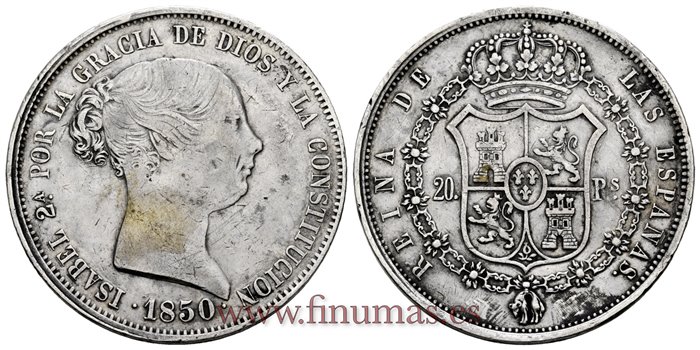 Cy16278.- ISABEL II 20 Reales 1850 Madrid. PLATA - BC