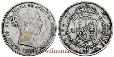 Cy16278.- ISABEL II 20 Reales 1850 Madrid. PLATA - BC