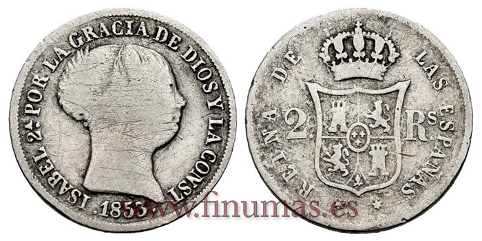 Cy16009.- ISABEL II 2 Reales 1853 Madrid. PLATA - BC