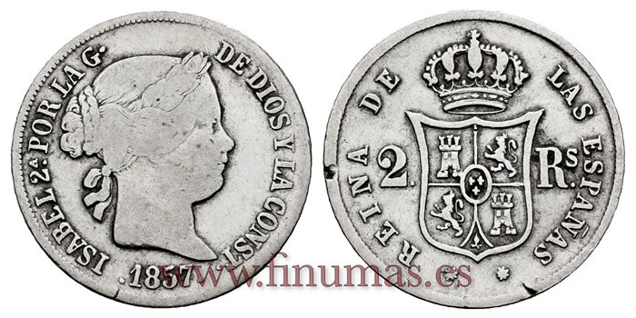 Cy16018.- ISABEL II 2 Reales 1857 Barcelona. PLATA - BC