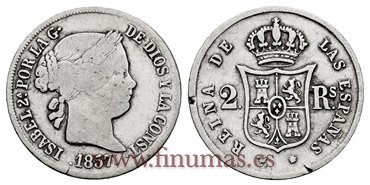 Cy16018.- ISABEL II 2 Reales 1857 Barcelona. PLATA - BC