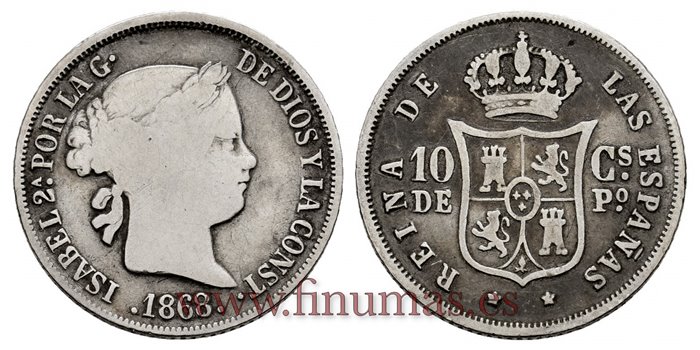 Cy16058.- ISABEL II 10 Ctm. De peso 1868 Manila. PLATA -BC