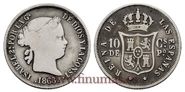 Cy16058.- ISABEL II 10 Ctm. De peso 1868 Manila. PLATA -BC