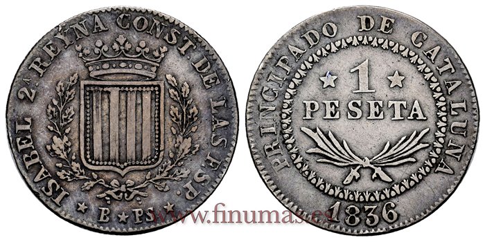 Cy16069.- ISABEL II 1 Peseta 1836 Cataluña 1836. PLATA -MBC